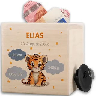 Shirtracer Spardose Holz personalisiert Tiger Daten Geburt | Holz, 10x10cm, Baby, Babyparty, Babygeschenke, Dschungel, Raubkatze, Kinder, Taschengeld, Wunscherfüller, Geldgeschenk, Deko