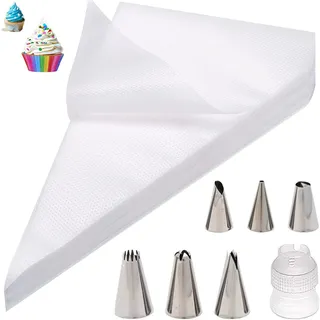 KowyKo Einwegspritzbeutel,Spritztüte Set 100 Stück Piping Bags+6 Spritztüllen+1 Kuchen Kupplung für Spritztüllen,BackzubehörTorten Dekoration Set für Cupcakes