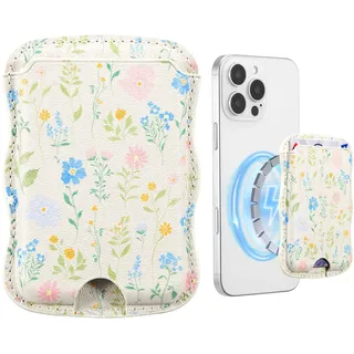 ZCDAYE Handy Kartenhalter für 1-3 Karten, Leder Magnetischer Kartenetui Starke Magnetkraft RFID Schutz, Süße Wellige Klebend Kartentasche Kartenhülle für iPhone 16/15/14/13/12 Serie,Blau Blumen