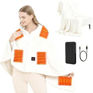 USB Heizdecke mit 10000mAh Akku, 150 x 80 cm Kabellos Heated Blanket, 3 Temperatursstufen, Flanell Einzelperson Electric Blanket Shawl, Wärmedecke für Büro Mittagspause, Outdoor-Reisen