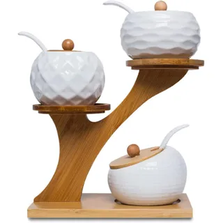 MIATTCLD Keramik Gewürzgläser 3er Set, Gewürzbehälter mit Bambus Deckel, Löffel und Tablett, 170 ML/6.4 OZ, Gewürzdosen Salzdosen für Aufbewahrung Zucker, Salz, Gewürze, Kaffee