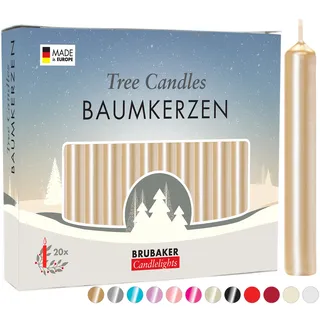 BRUBAKER Baumkerzen Wachs - Weihnachtskerzen für Weihnachtspyramiden und Schwibbögen - Pyramidenkerzen Christbaumkerzen, 20 Stück, Blassgold - Gold