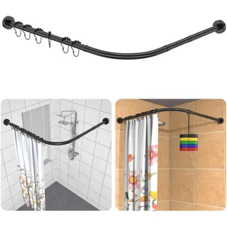 Duschvorhangstange L-Form, Duschstange Ecke Rostfrei - inkl. 18 Ringe - 304 Edelstahl - Matt Schwarz - Stabile Winkelstange Duschvorhang ohne Deckenhalterung -Duschvorhangstange Badewanne & Dusche