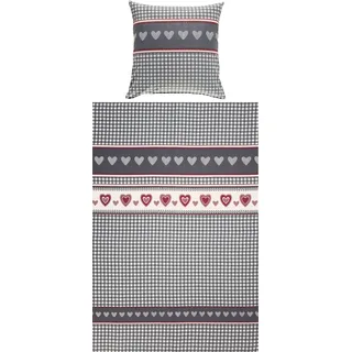 Erwin Müller Feinflanell-Bettwäsche, Bettgarnitur Karo, Herz grau-rot-weiß Größe 80x80 cm / 135x200 cm - für die kalte Jahreszeit, weich und flauschig, mit praktischem Reißverschluss