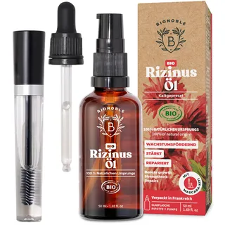 BIONOBLE Rizinusöl Bio 50ml - 100% Rein, Natürlich, Kaltgepresst - Wimpern, Augenbrauen, Haare, Nägel - Vegan, Cruelty Free - Castor Oil - Glasflasche + Pipette + Pumpe + Mascara Kit