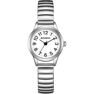 BOSHIYA Damen Armbanduhr Edelstahl Zugband Elegant Analog Quarz Uhr mit Großen Digital Zifferblatt Elastisch Armband Kleine Armbanduhr Damen Silber