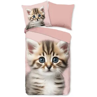 Good Morning Kinderbettwäsche »Meow« 2 Stk., tlg. Flanell, Biber, 135x200, Warm, Wendeoptik, Kind, Mädchen, Katze, rosa, rosa