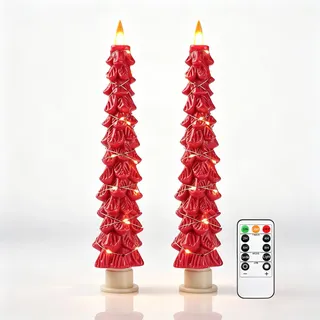 2 Stück Rote Weihnachtsbaum LED Kerzen, Flammenlose Stabkerzen mit umlaufender Kupfer-Lichterkette, realistischer Flammeneffekt, batteriebetrieben mit Fernbedienung für Weihnachts- und Heimdekoration