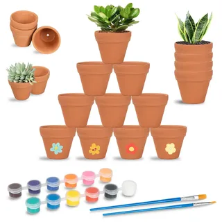 Sheryl&Rain Tontöpfe Klein, 24 Stück Mini Tontopf Blumentopf mit 12 Farben & 2 Pinsel, 3×3,5cm Terracotta Blumentopf Klein mit Abflussloch, Tontöpfe zum Basteln für Pflanzen Sukkulenten Hauspflanzen