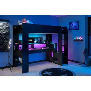 Parisot Hochbett "Gaming-Bett, mit Schreibtisch, USB Anschluss, LED, viel Stauraum" ideal für kleine Räume, TOPSELLER, schwarz