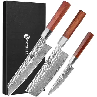 YOTSUBA Damastmesser Set, 3-teiliges Messerset aus Küchenmesser-Set, japanisches messer, und Allzweckmesser mit, Ultra Scharfes Chefmesser Hackmesser, Profi Kochmesser mit Pakkaholz Griff