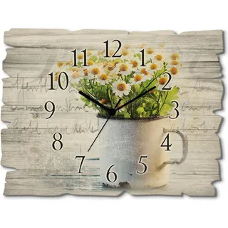 ARTland Holz Wanduhr Funkuhr - schwarzer Zeiger Frühlingsgarten mit Echter Kamille Größe: 40x30 cm - Grün
