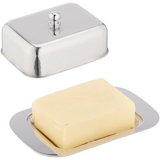 Relaxdays Butterdose, mit Deckel, glänzender Edelstahl, für 250 g Butter, HxBxT: 7 x 18,5 x 12 cm, Butterschale,Silber