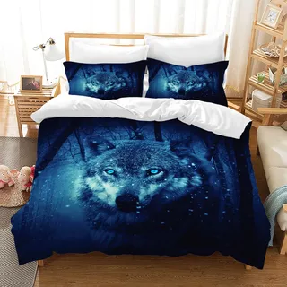 Hoimlm Bettwäsche Bettbezug 3D Wolf Print Betten Set Kinder Erwachsene,3 Teilig Mikrofaser Bettbezug mit Reißverschluss und 2 Kissenbezug,Weich Haltbar Atmungsaktive (Nacht Wolf, 135X200cm)