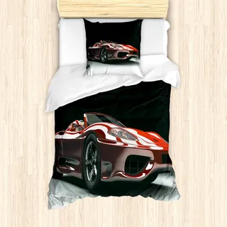 ABAKUHAUS Autos Mantele, Automobilindustrie Theme, Milbensicher Allergiker geeignet mit Kissenbezügen, 135 cm x 200 cm - 80 x 80 cm, Rot Schwarz Weiß - Rot