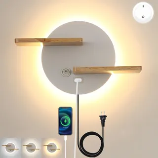 KZT Wandleuchte mit usb-ladeanschluss 9W Leselampe mit Holzen Regal Moderne Holz Wandlampe für Schlafzimmer Nachttisch Wandbeleuchtung mit Stecker und Schalter Leseleuchte für Wohnzimmer Büro, Weiß