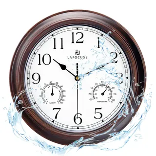 Lafocuse 30cm Outdoor Wasserdicht Wanduhr mit Thermometer und Hygrometer, Vintage Mahagonifarben Wanduhr Ohne Tickgeräusche Deko für Badezimmer Garten Küche Verandas