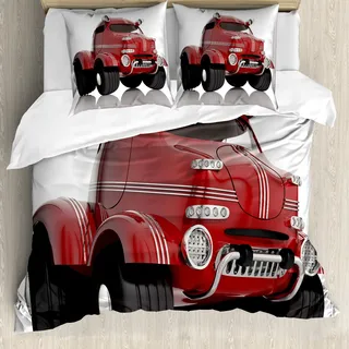 ABAKUHAUS Autos Bettbezug, Realistische Kinder-Spielzeug-Entwurf, Milbensicher Allergiker geeignet mit Kissenbezügen, 155 cm x 220 cm - 80 x 80 cm, Koksgraue Getrocknete Rosen - Weiß
