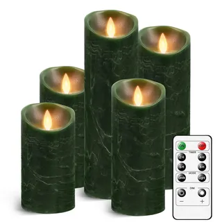 AnnSpa 5 Set Grün LED Kerzen Batteriebetriebene mit Fernbedienung, Flammenlose Echtes Wachs Flackern Moving Wick Flackern Amber Yellow Light Pillar Candles, Unscented Wachs für Geschenk/Dekoration
