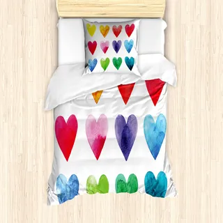 ABAKUHAUS Valentine Mantele, Regenbogen-Farben-Herzen, Milbensicher Allergiker geeignet mit Kissenbezügen, 135 cm x 200 cm - 80 x 80 cm, Mehrfarbig