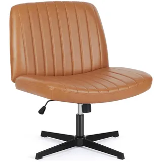 Sweetcrispy Bürostuhl ohne Armlehnen, weiß, PU-Leder, breites Sitzkissen, für Büro, Schlafzimmer und Wohnzimmer, Braun