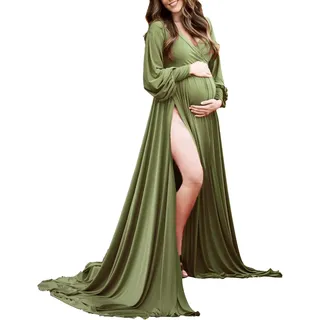 ChoiyuBella Umstandskleid Bishop Ärmel Baby Dusche Kleid Wrap Seitenschlitz Schatz Maxi Fotoshooting für Fotografie, 8805 Amy Green, Mittel