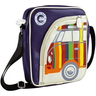 BRISA VW Collection - Stylishe & coole Volkswagen Retro/Vintage Schulter-Tablet-Umhänge-Reise-Tasche mit T1 Bulli Bus Motiv (Lila/Bunt Gestreift/Kunstleder)