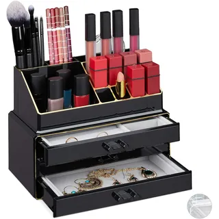 Relaxdays Make Up Organizer, mit Schmuckkästchen, 3 Schubladen, Kunststoff, HBT 18,5x23,5x15 cm, schwarz-gold