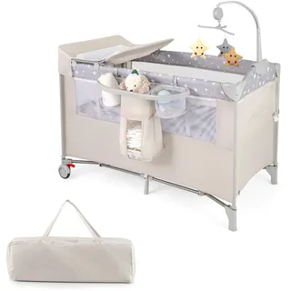 FANTASK 5 in 1 Faltbares Babybett, Beistellbett Baby mit Rollen, Spielbogen & Wickelauflage, Reisebett mit Matratze und Tragetasche, Mobiles Kinderreisebett für Baby bis 3 Jahren (Beige)