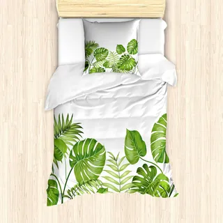 ABAKUHAUS Blatt Bettbezug Set, Natur-Dschungel-Waldregenwald inspirierte Blätter-Pflanzenlaub-Strudel-botanisches Bild, 135 x 200 cm + 80 x 80 cm, Blasses Grün