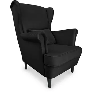 ANMIL Sessel in Schwarz Stoff Magic Velvet Eleganter Ohrensessel 84 x 104 x 95 cm im Skandinavischen Stil mit Zierkissen - Schwarz