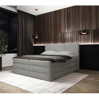 Mid.you Boxspringbett , Grau , Holz, Textil, Holzwerkstoff , H2 + H3 , Höhe ca. 19 cm , 180x200 cm , Bettkasten, gepolstertes Kopfteil, Topper durchgehend, Wendematratze mit unterschiedlichen Härtegraden, Matratze geteilt , Holzmöbel, Holzbetten, Boxspringbetten Holz