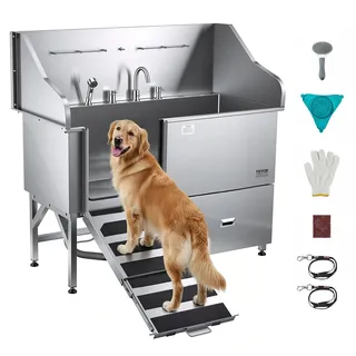 VEVOR 304 Edelstahl-Hundewaschstation, 154,9 cm große Pflegebadewanne mit rutschfester, flacher Rampe, Schublade, Warm- und Kaltwasserhahn, All-in-One-Badewanne für Pflegesalons, für alle Größen geeignet (linke Tür)
