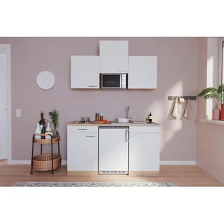 Respekta Miniküche , Weiß, Eichefarben , Holzwerkstoff , 1,1 Schubladen , seitenverkehrt montierbar, nur wie online abgebildet bestellbar , 150 cm , Made in Germany , links aufbaubar, rechts aufbaubar , Küchen, Küchenzeilen & Küchenblöcke, Küchenzeilen