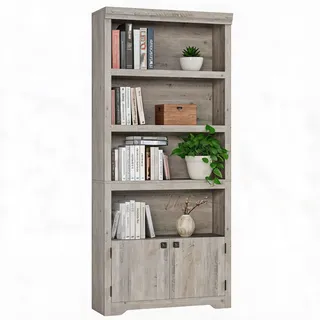 IDEALHOUSE Landhaus Bücherregal 175 cm, Bücherschrank Mit 5 Ebenen-2 Türen | Standregal mit verstellbare rutschfeste Einlegeböden, offenes Aufbewahrungsregal für Homeoffice&Wohnzimmer
