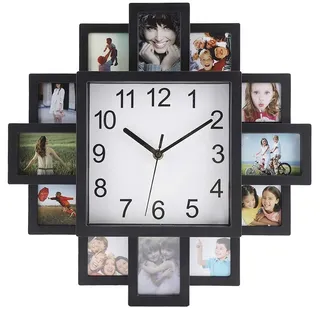 Smandy Wanduhr mit Bilderrahmen quadratische Wanduhr mit 12 Bilderrahmen Fotorahmen Bilderrahmenuhr Fotouhr für eigene Bilder