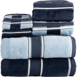 Lavish Home Handtuch-Set, saugfähige Baumwolle, Badzubehör mit Badetüchern, Handtüchern und Waschlappen, solide und gestreifte Handtücher (Marineblau), 6-teilig