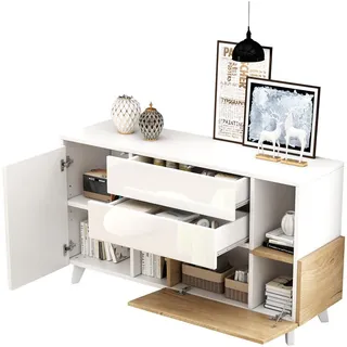 Flieks Sideboard Weiß Holz Hochglanz Modern Stauraum Esszimmer , Multicolor , Holzwerkstoff , 40x70x130 cm , Kleinmöbel, Kommoden, Sideboards