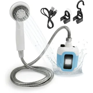 EASYmaxx Campingdusche mit Akku | 2in1: Mobile Outdoor Dusche und Bewässerungsbrause | Camping Dusche mit Pumpe inkl. Ansaugfunktion | kabellose und tragbare Dusche | elektrische Dusche mit LED-Licht