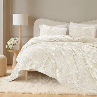 SHALALA beige Samtdecke, Queen-Bettwäsche-Set, leichte Steppdecke, wendbar, luxuriöse Diamant-Tagesdecke, Decke mit weicher gebürsteter Mikrofaser-Rückseite für alle Jahreszeiten, Kingsize, Beige
