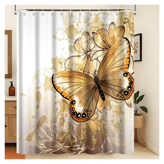 Duschvorhang Gold 3D Schmetterling Blumen Badezimmer Aquarell 180x180cm