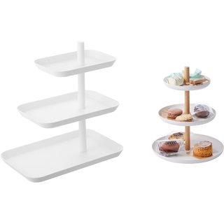 YAMAZAKI Tower' 4280 3 Etagen-Servierplatte für Kekse, Obst, Kuchen, Stahl, Weiß, L 24,7 x W 15,7 x H 25,7 cm & Tosca' 2419 3-stufiger Dessertständer für Wohnzimmer, Küche, Stahl, Holz, Weiß, M