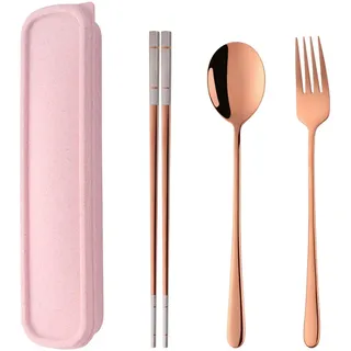 SBOMHS Tragbares Outdoor Reisebesteck set Roségold Camping Besteck to go Picknick Schule Büro Lunch Geschirr für 1 person Edelstahl Essstäbchen Lange Tafelgabeln Suppenlöffel Weizenstroh Geschenkbox