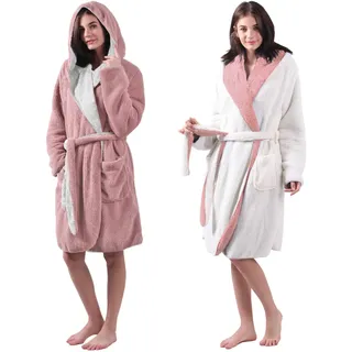 HOMELEVEL Sherpa Wende Bademantel Lammfell Optik für Damen und Herren mit Kapuze Morgenmantel Hausmantel