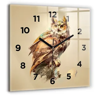Wallfluent Große Wanduhr – Stilles Quarzuhrwerk - Uhr Dekoration Wohnzimmer Schlafzimmer Küche - Zifferblatt - schwarze Zeiger - 60 cm - Eule - ein Zeichen der Weisheit - Braun