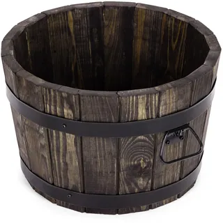 Drewdon Großer Holz Blumentopf Runder Garten Pflanzkübel mit Metallringen Dekoratives Holzfass als Pflanztopf Wetterfeste Blumenkübel für draußen Balkon Terrasse & Garten (Dunkelbraun, Ø35 x H21)
