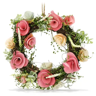 COM-FOUR® Türkranz Frühling mit Blumen aus Holz - Dekorativer Tischkranz - Kranz Deko mit Aufhänger