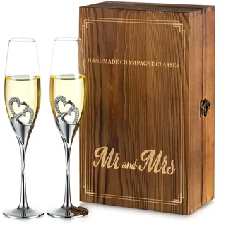 NUPTIO Sektgläser Hochzeit für Brautpaar 2er set: Personalisierte Kristall Hochzeitsgeschenke für Brautpaar, Silbernes Geschenkset Verlobung Anstoßen Jahrestag, mit Geschenkbox aus Holz