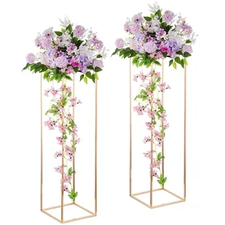 Inweder Gold Blumenständer Hochzeits Mittelstücke - 2 Stück Säulenvasen mit Metall Platte 100cm Hohe Bodenvase Geometrischer Goldvasen für Tischdeko Hochzeit Party Deko Wohnzimmer