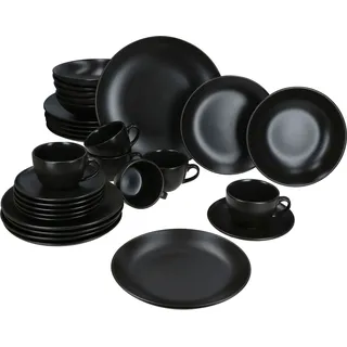 30tlg Kombiservice Panther Steingut 6 Personen Tassen Untertassen Teller flach tief - Schwarz